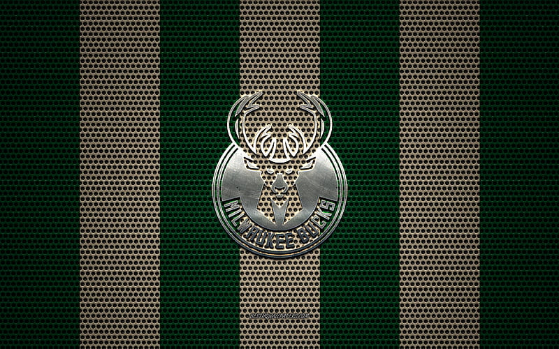 Milwaukee Bucks logo, American basketball club, metal emblem, green-beige metal mesh background, Milwaukee Bucks, NBA, Milwaukee, Wisconsin, USA, basketball, HD wallpaper