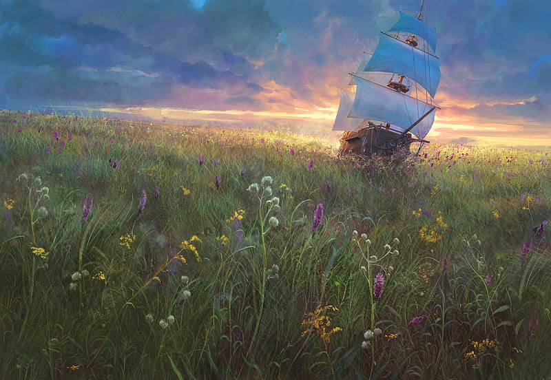 wrecked ship, field, sunset, clouds, painting, Fantasy, HD wallpaper