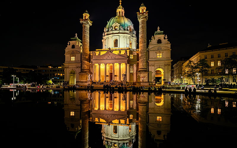 Karlskirche, Vienna, Roman Catholic, night, fountain, Saint Charles Church, Vienna landmark, Austria, HD wallpaper