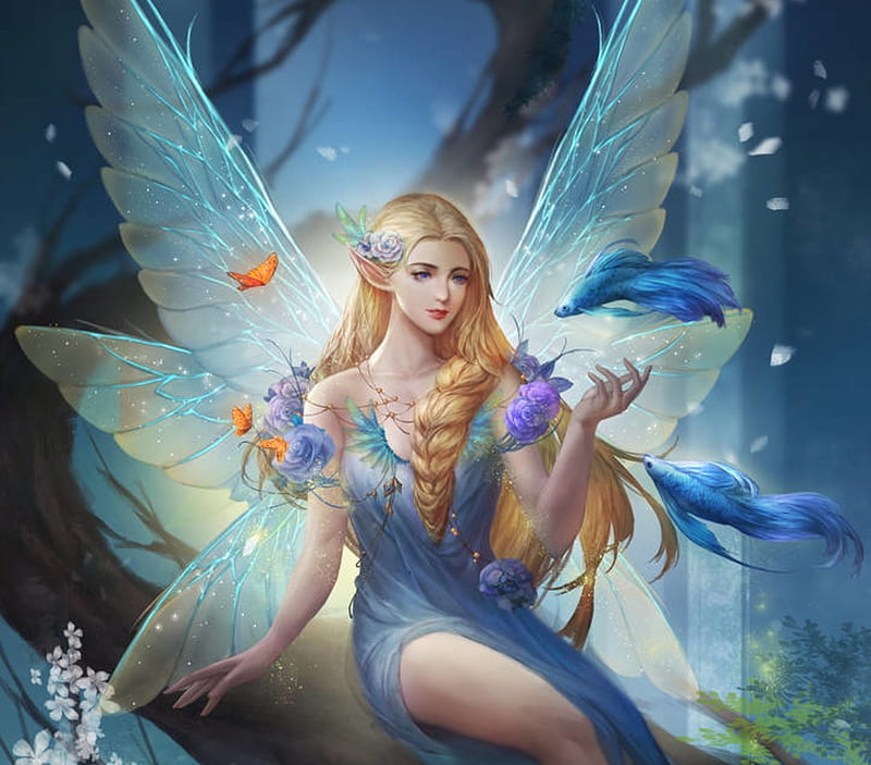 Fairy, fantasy, fish, luminos, girl, peste, edenchang, blue, butterfly, HD wallpaper