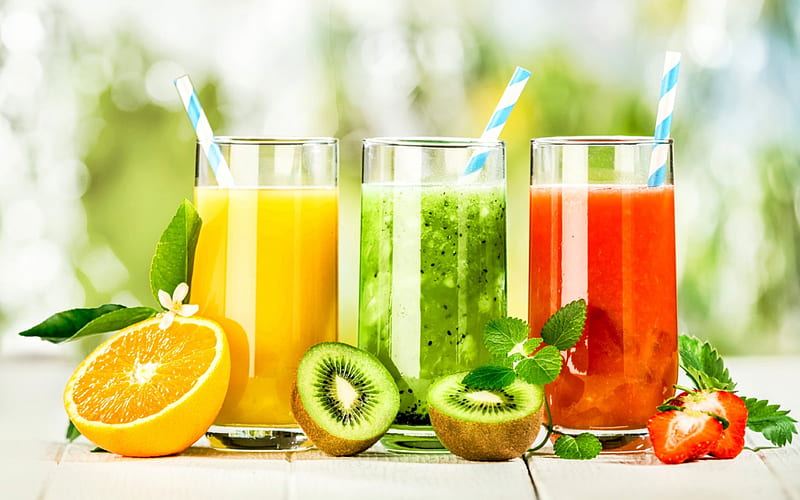 Fresh Juices juice, strawberry, orange, fresh, drinks, kiwi, fruits, glasses, abstract, juices, lemon, fruit, graphy, drink, SkyPhoenixX1, HD wallpaper