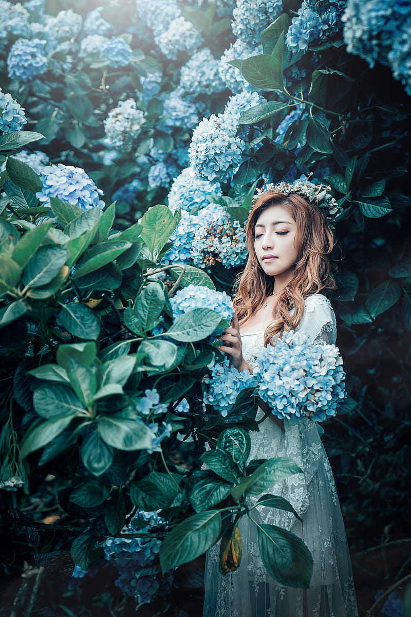 Asian, women, blue flowers, plants, flowers, model, standing, closed eyes, dyed hair, leaves, colorful, HD phone wallpaper