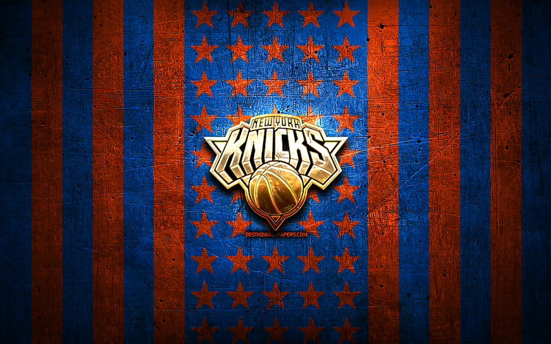 New York Knicks flag, NBA, orange blue metal background, american basketball club, New York Knicks logo, USA, basketball, golden logo, New York Knicks, NY Knicks, HD wallpaper