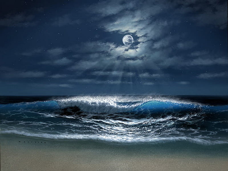 Night of romance, ocean, waves, clouds, silver, beach, moon, reflection, blue, night, HD wallpaper