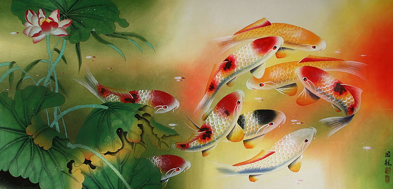 Koi Fish, pretty, carp, lovely, fish, bonito, koi, sweet, pond, nice, water, oriental, feng shui, swim, painting, beauty, HD wallpaper