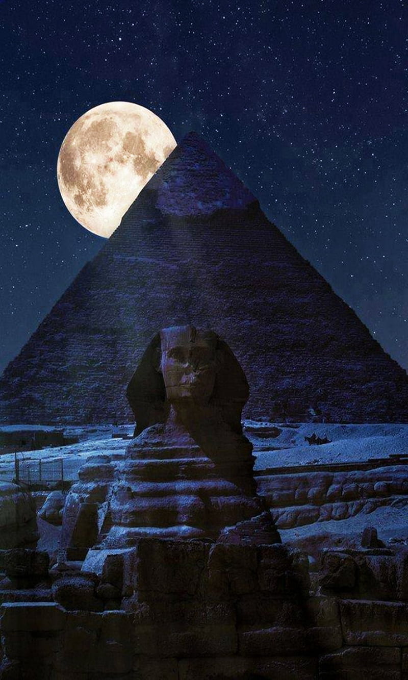 Pyramids, egypt, giza, moon, night, sphinx, HD phone wallpaper