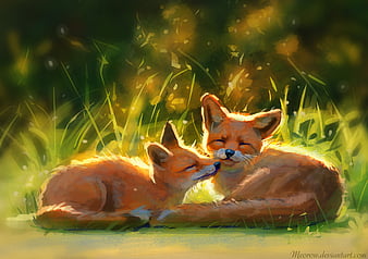 foxes, cute, animals, grass, art, HD wallpaper