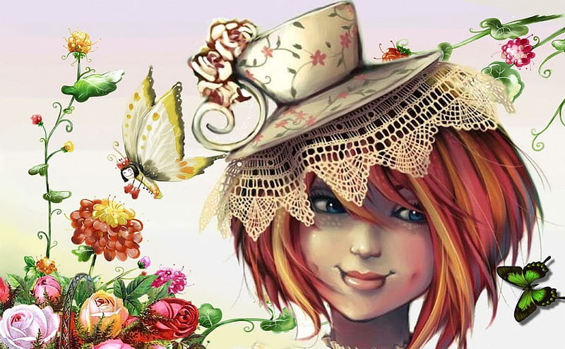 A Spot Of Tea and Roses Fantasy, brown, orange, doiley, black, yellow, roses, tea, teacup, floral, fantasy, gold, girl, green, flowers, white, pink, HD wallpaper