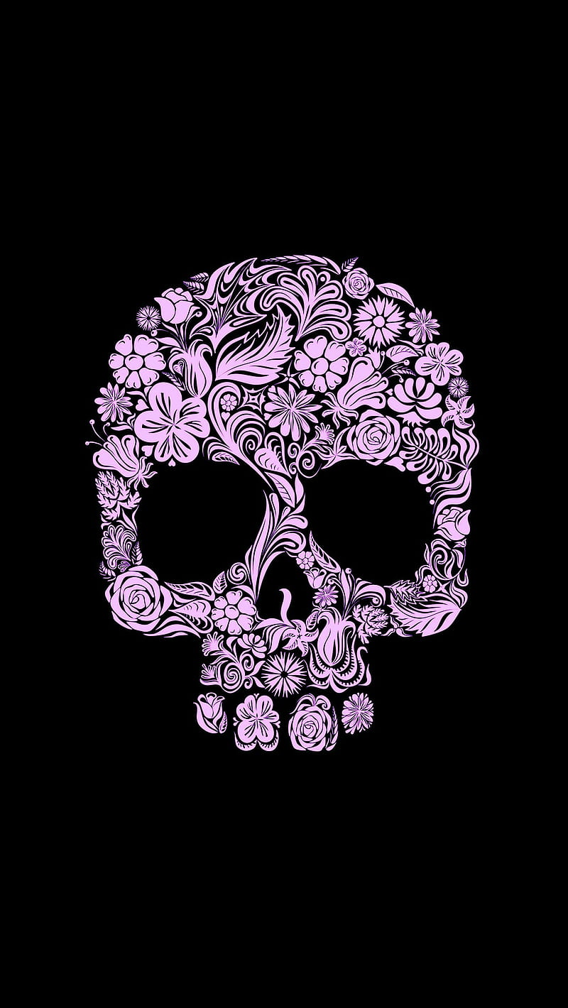 Skull, black, flowers, gothic, purple, HD phone wallpaper