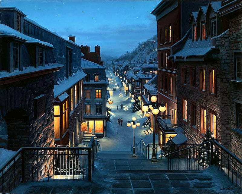 Eugene Lushpin. Old Quebec (oil on canvas), eugene lushpin, art, lamp, oil, building, drawing, painting, canvas, street, HD wallpaper