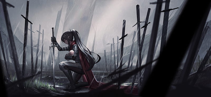 Anime elf girl, war zone, swords, baby, darkness, raining, profile view,  armor, HD wallpaper | Peakpx
