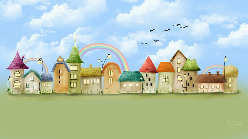 Rainbow Town, mystical, buildings, houses, town, homes, rainbow, fairytale, clouds, Firefox Persona theme, villalge, HD wallpaper