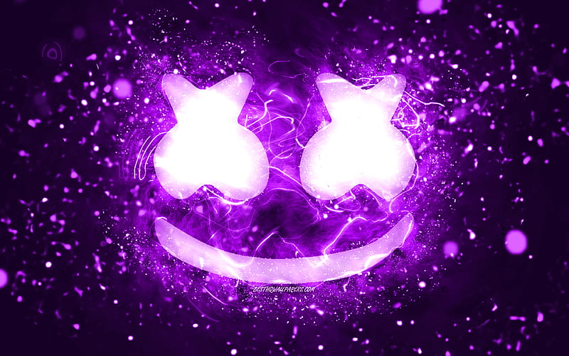 Marshmello violet logo Christopher Comstock, violet neon lights, creative, violet abstract background, DJ Marshmello, Marshmello logo, american DJs, Marshmello, HD wallpaper