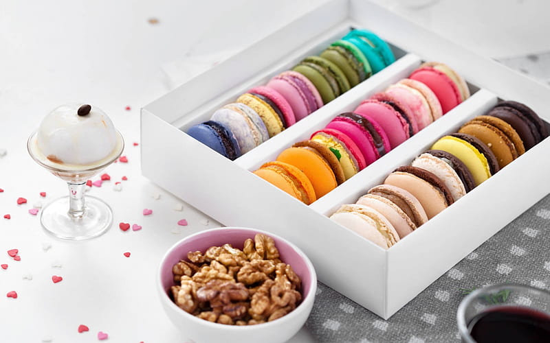 macaroons, all colors, colorful biscuits, pastries, sweets, cakes, HD wallpaper