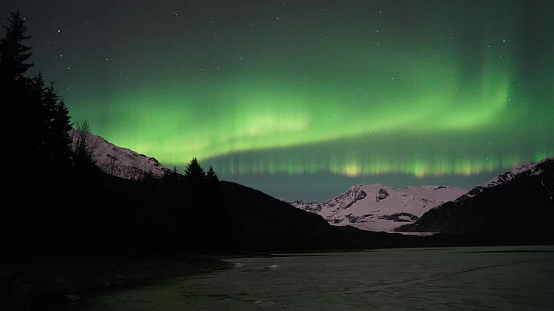 Aurora over Mendenhall lake tonight, Juneau, Alaska, colors, hills, mountains, sky, usa, HD wallpaper