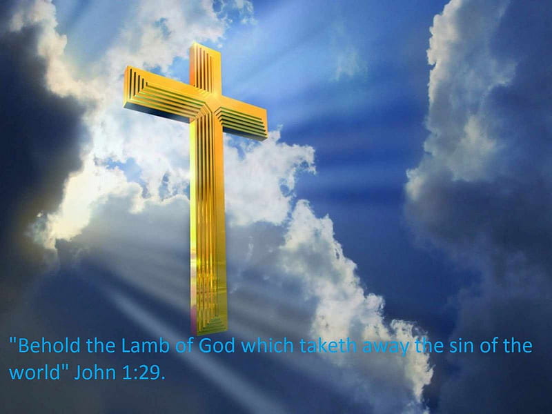 John 1:29 Bible Verse, sky, clouds, verse, jesus, gold, lamb, bible, white, cross, god, blue, scripture, HD wallpaper