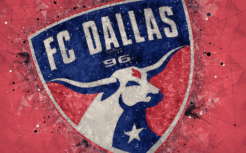 FC Dallas American soccer club, logo, creative geometric art, red abstract background, emblem, art, MLS, Dallas, Texas, USA, Major League Soccer, football, HD wallpaper
