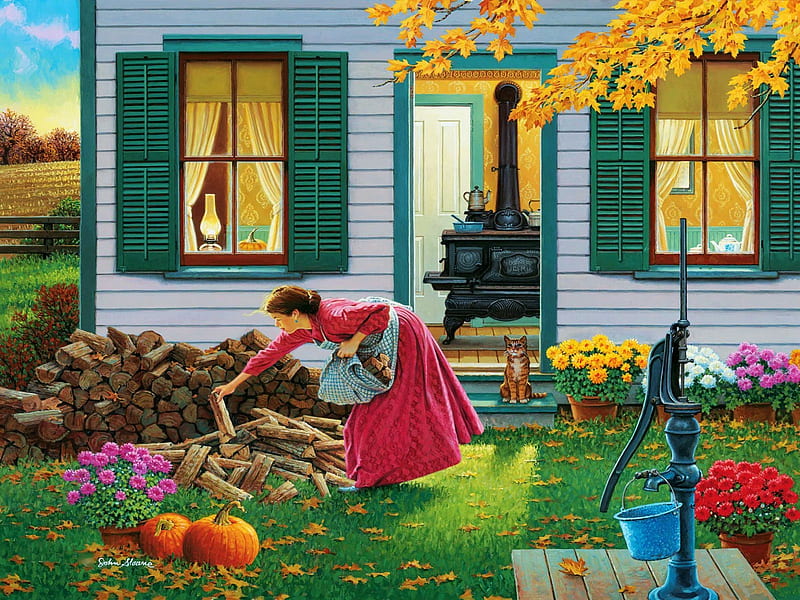 Gathering, pumpkins, leaves, painting, pump, house, garden, autumn, woman, flowers, HD wallpaper