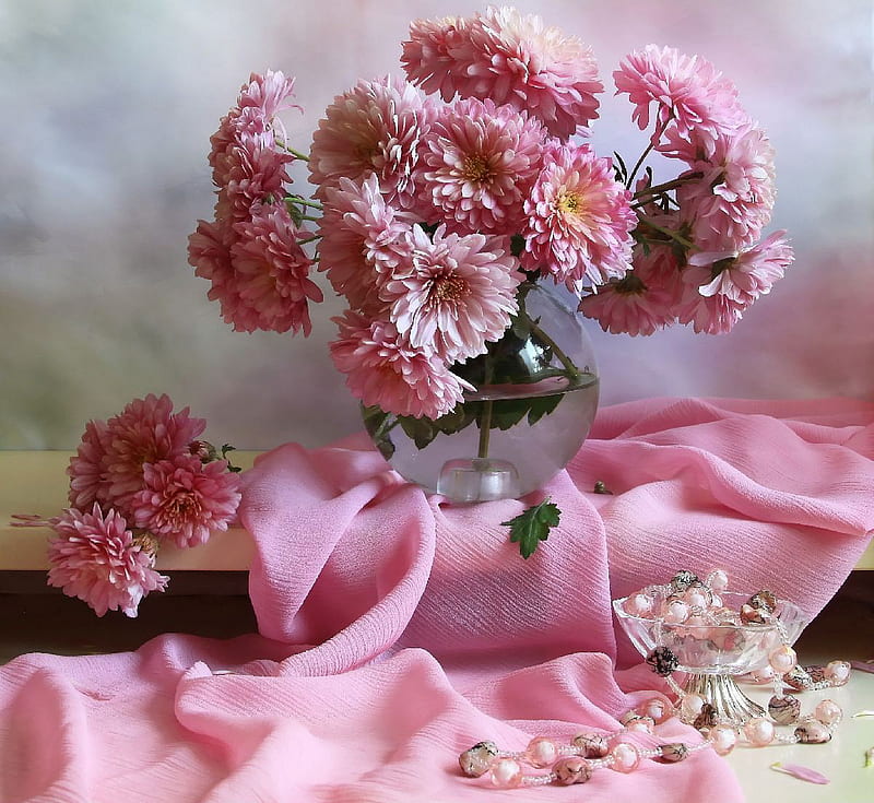still life, pretty, autumn, chrysanthemum, vase, bonito, gently, graphy, nice, flowers, beauty, season, pink, harmony, lovely, necklace, colors, soft, delicate, elegantly, cool, bouquet, cup, flower, chrysanthemums, scarf, petals, HD wallpaper