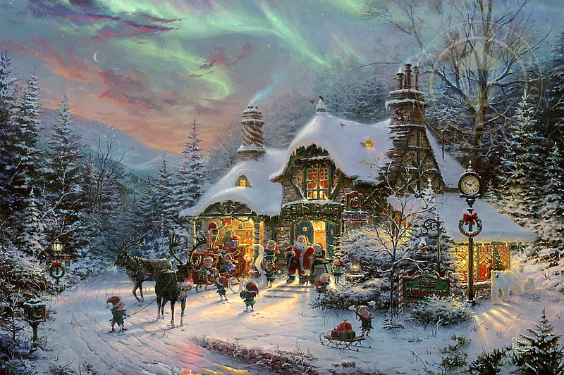 Santa's night before Christmas, art, santa, craciun, christmas, painting, pictura, thomas kinkade, winter, HD wallpaper