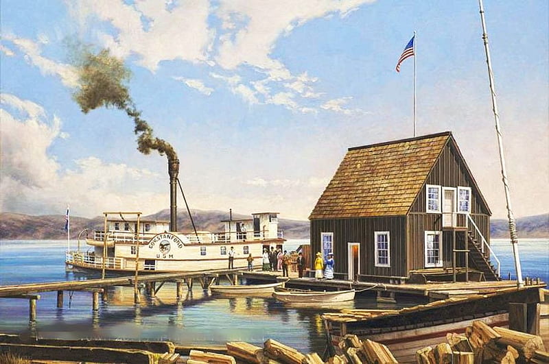 Riverboat Station, water, steamboat, pier, painting, steam, cabin, artwork, HD wallpaper