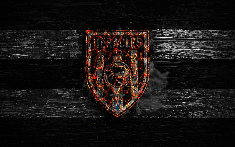 Heracles FC, fire logo, Eredivisie, white and black lines, dutch football club, grunge, football, soccer, logo, Heracles Almelo, wooden texture, Holland, Netherlands, HD wallpaper