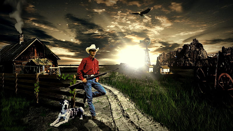 Cowboy Waiting With His Dog at Dusk, Wheel, Painting, Rifle, Hat, Hound, Cabin, Smoke, Chimney, Fence, Eagle, Hut, Dusk, Buckle, Plaid Shirt, Man, Cowboy, Belt, Bines, Mountains, Jeans, Clouds, Road, HD wallpaper