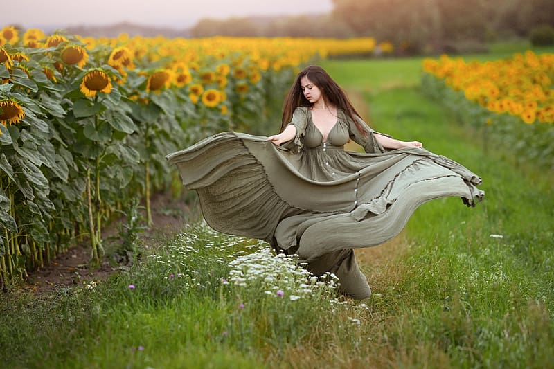 Model Dancing by a Field of Sunflowers, model, dress, field, brunette ...