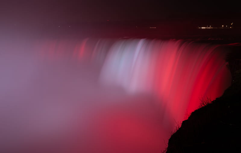 waterfall, fog, backlight, red, dark, HD wallpaper