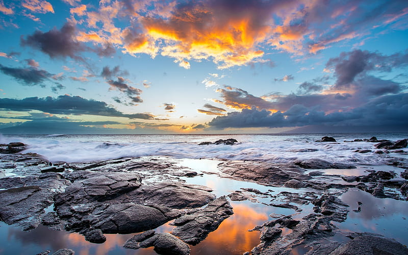 Hawaiian Sunset, hawaii, ocean, nature, sunset, reflection, clouds, sea, HD wallpaper