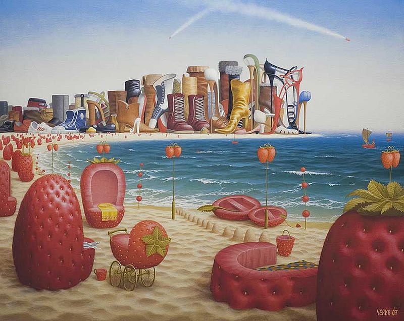 Strawberry beach by Jacek Yerka, plaja, red, strawberry, fruct, beach, fruit, painting, haios, capsune, blue, art, apa, colors, jacek yerka, water, incaltaminte, funny, fresa, shoes, HD wallpaper