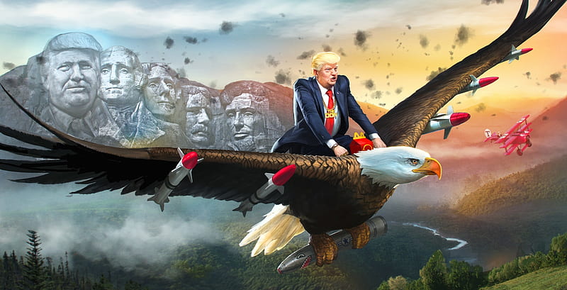 Trump's NeverEnding Story, art, wings, fantasy, Donald Trump, eagle, president, funny, america, man, HD wallpaper