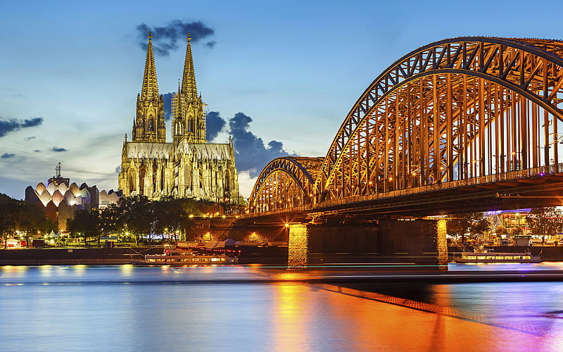 Cologne, lights, Cologne Cathedral, bridge, Germany, Europe, HD wallpaper