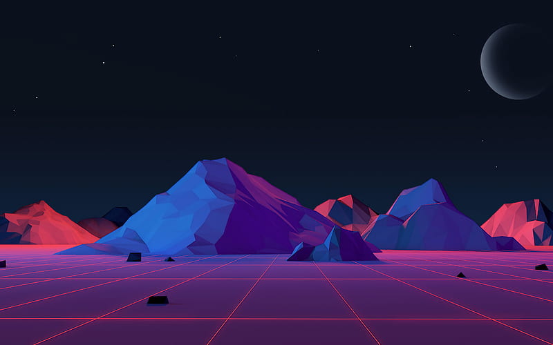 mountains, isometric landscape, nightscape, 3d landscapes, polygons, HD wallpaper