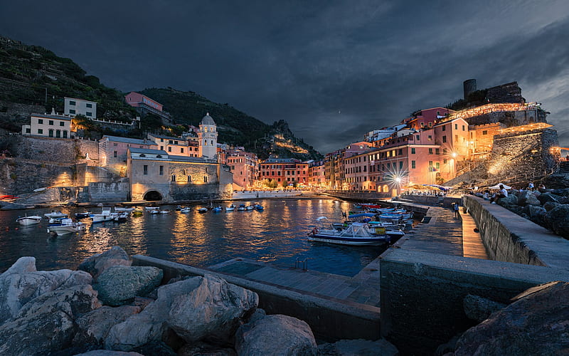 Vernazza, Cinque Terre, evening, bay, coast, mediterranean sea, Liguria, Italy, HD wallpaper