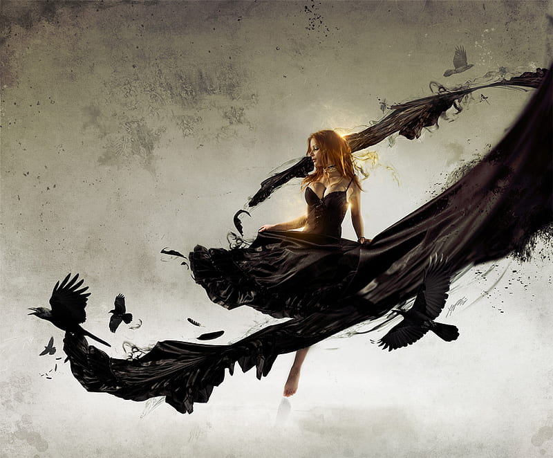 Lady-crow, dress, black, abstract, sexy, fly, graphy, fantasy, bird, flying, black dress, beauty, crow, lady, HD wallpaper