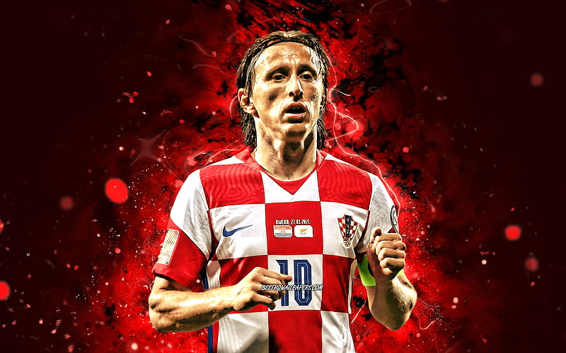 Luka Modric, Croatia National Team, soccer, footballers, red neon lights, Croatian football team, Luka Modric, HD wallpaper