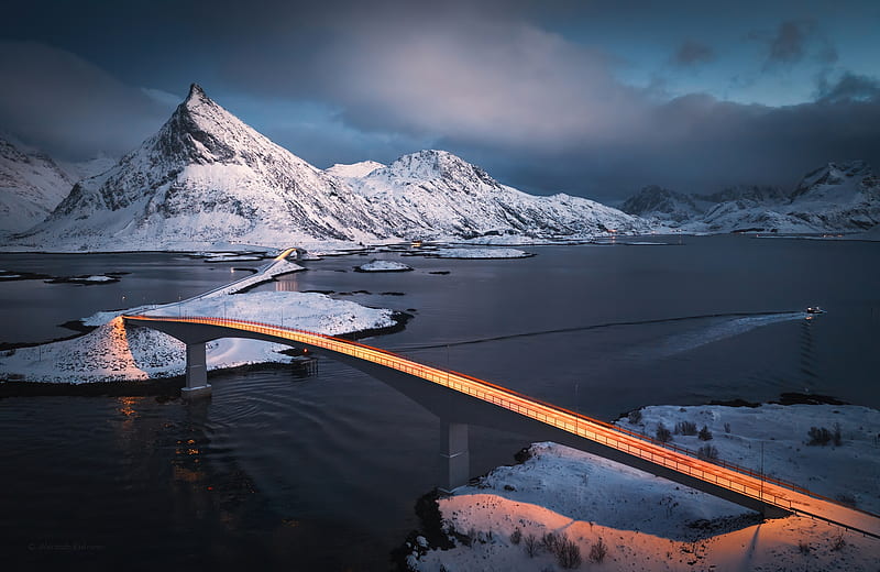 Fredvang Bridge Norway, mountain, bridge, ocean, norway, HD wallpaper