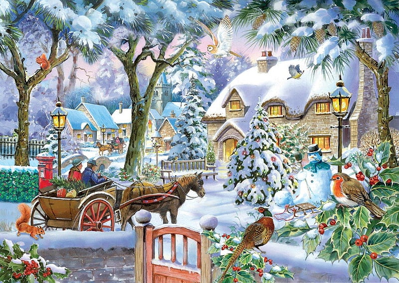 Almost home, village, trees, horse, winter, owl, sleigh, cottage, pheasant, birds, snow, people, painting, HD wallpaper