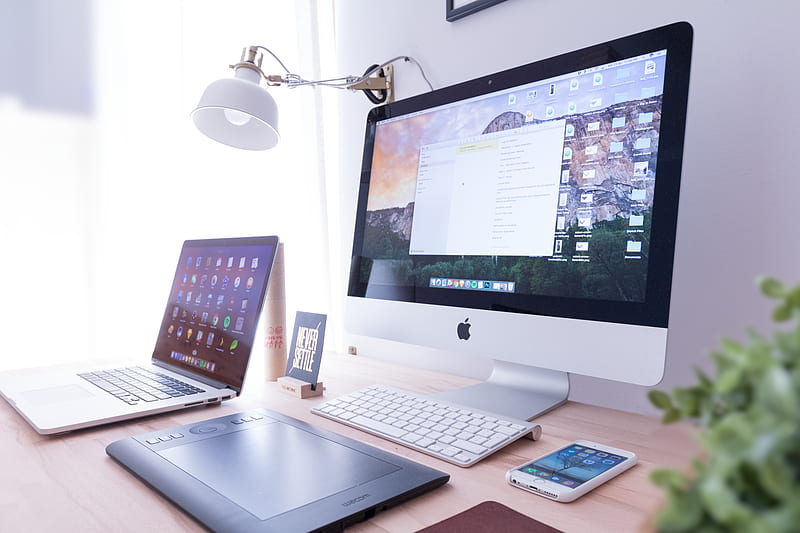 silver iMac near iPhone on brown wooden table, HD wallpaper