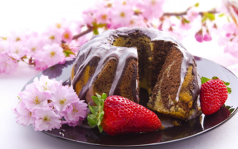 Cake, red, strawberry, food, easter, spring, sweet, dessert, fruit, blossom, flower, cherry, HD wallpaper