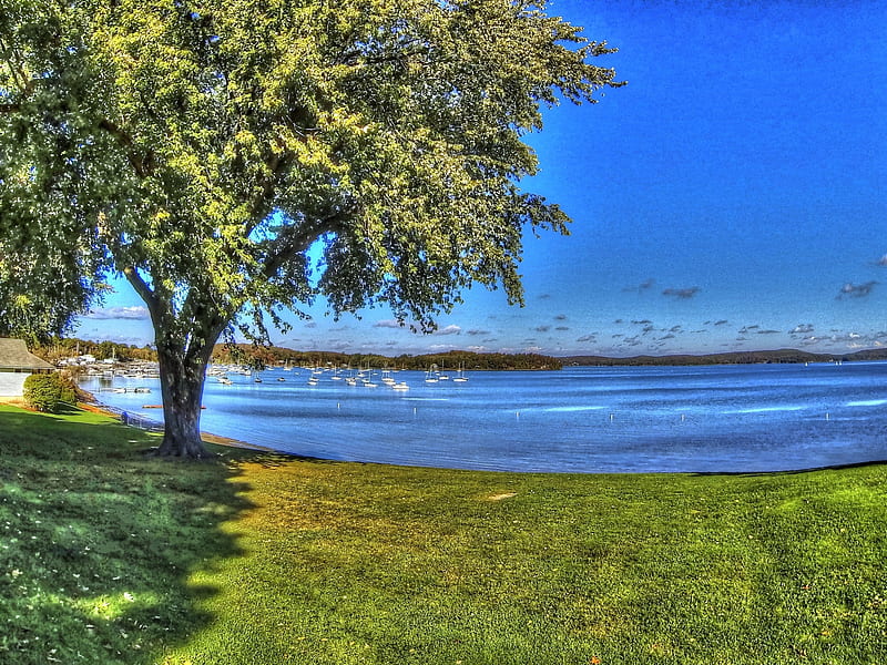 Deep Blue Lake Landscape, Trees, Landscapes, Lakes, Boats, Blue, Nature, HD wallpaper
