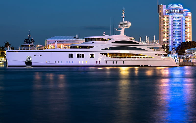 luxury yacht, night, evening, white big yacht, luxury ships, HD wallpaper