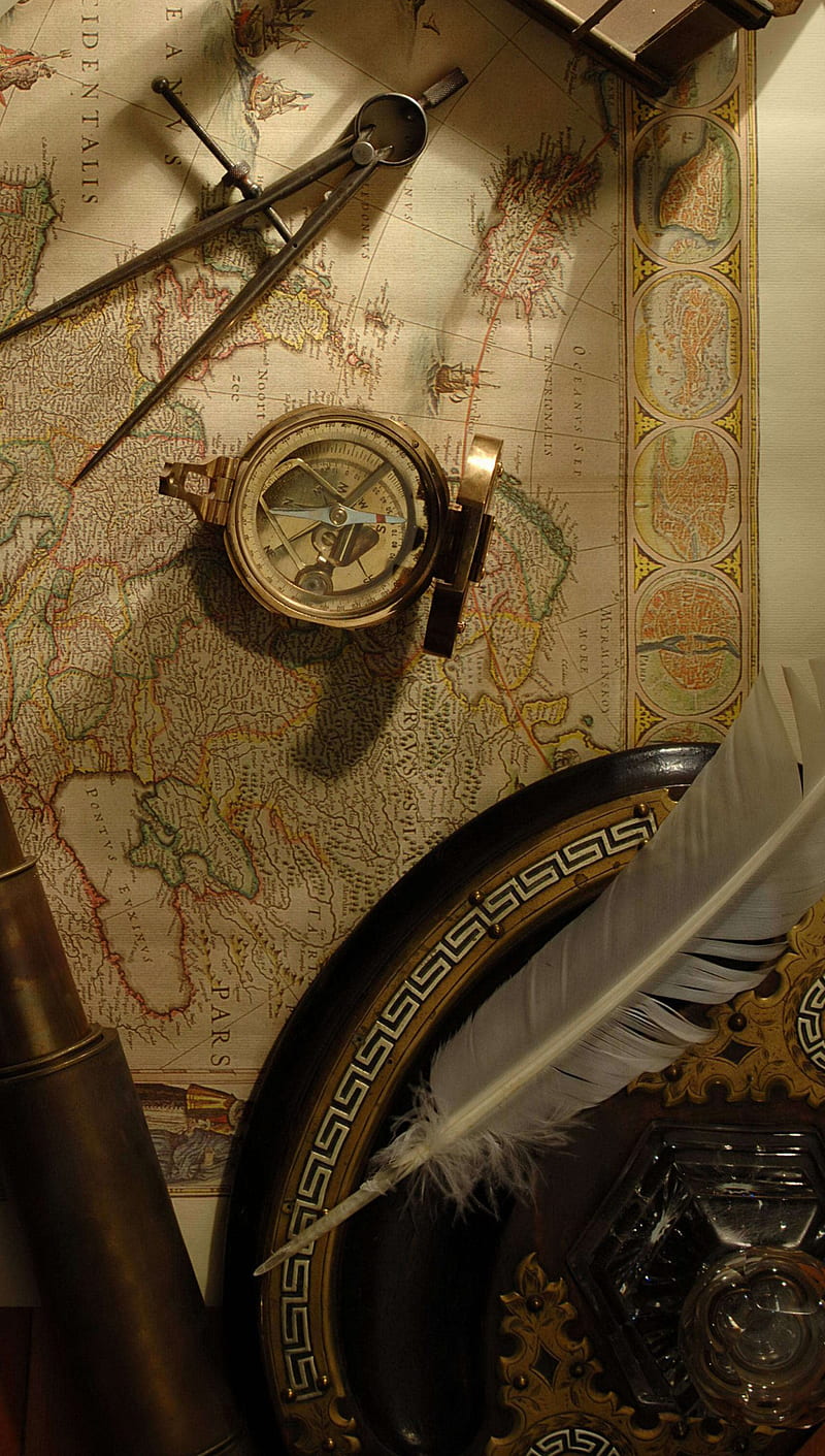 Map, kompas, old times, HD phone wallpaper
