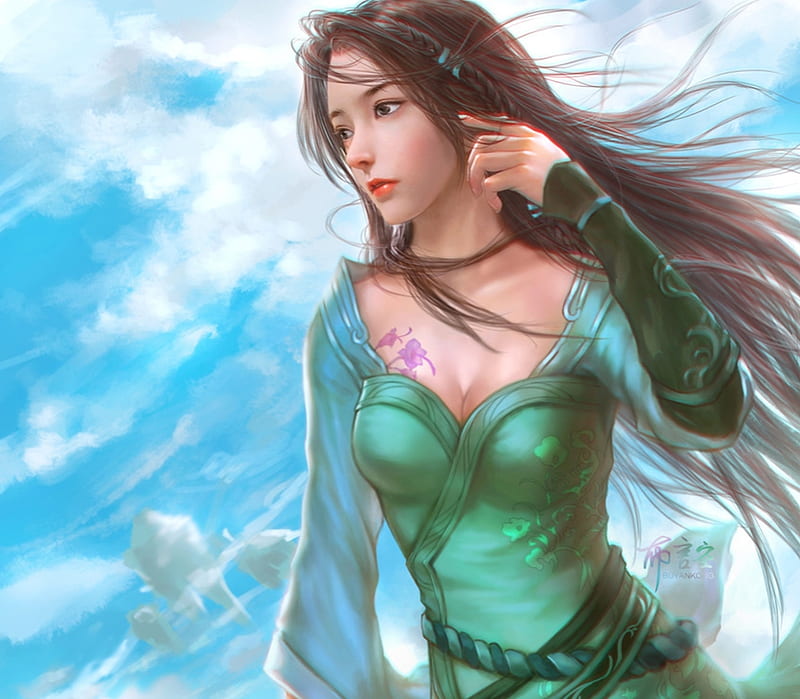 Girl, yankong bu, art, frumusete, cloud, luminos, wind, fantasy, green, asian, white, blue, HD wallpaper
