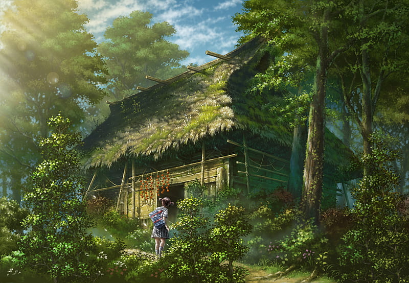 The house in the wood, house, green, anime, trees, old, wood, HD wallpaper