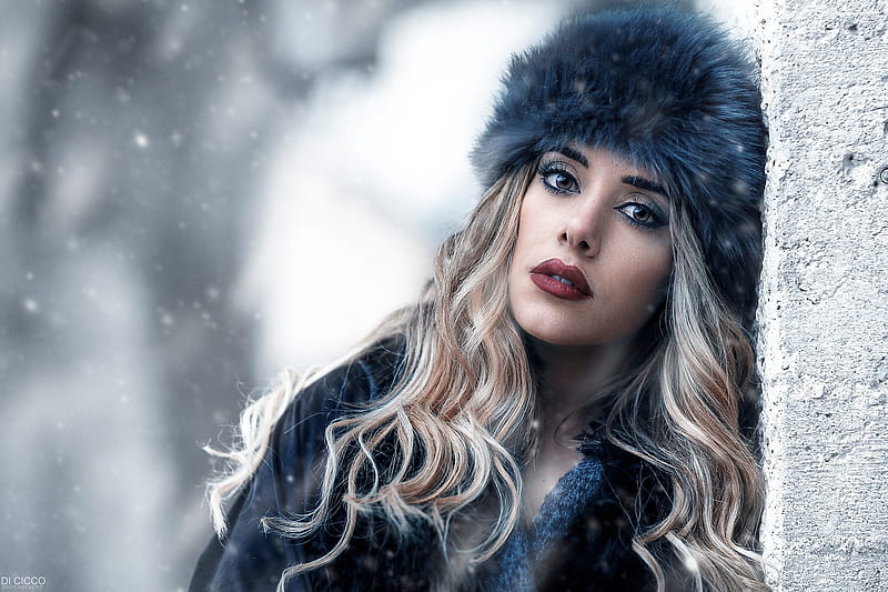 Cold russian, alessandro di cicco, model, blonde, woman, winter, hat, girl, face, fur, HD wallpaper