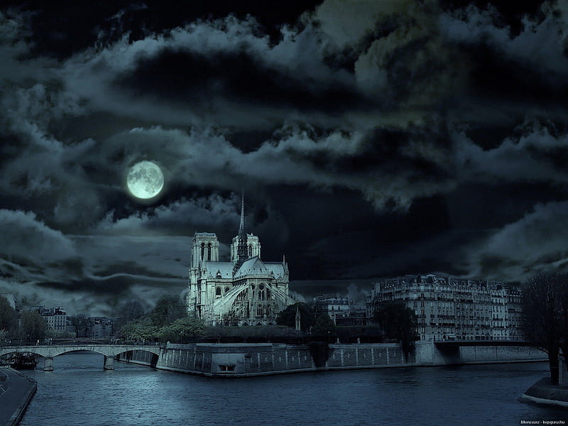 NOTRE DAME NIGHT, great sightings, spooky, tourism, gloom, night moon, clouds, famous landmarks, HD wallpaper