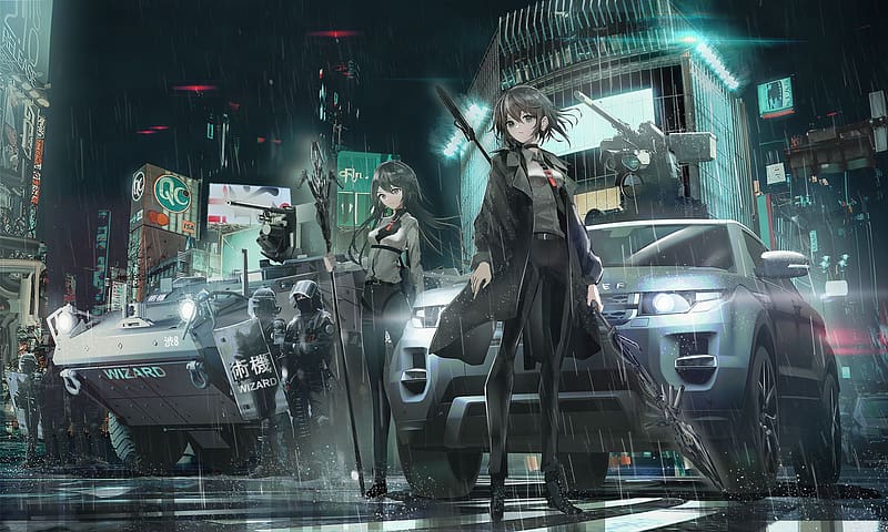 Anime, Rain, Girl, Police, HD wallpaper