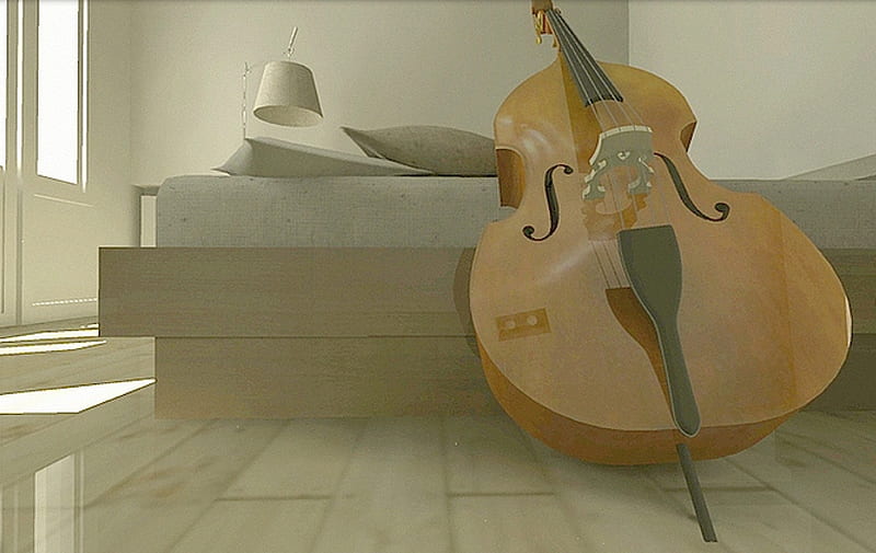 Relaxing Cello in White Room, bow, bed, strings, cello, lamp shade, room, sunday, reflection, classic, sheet, wood, window, floor, music, black, sunshine, relaxing, white, HD wallpaper